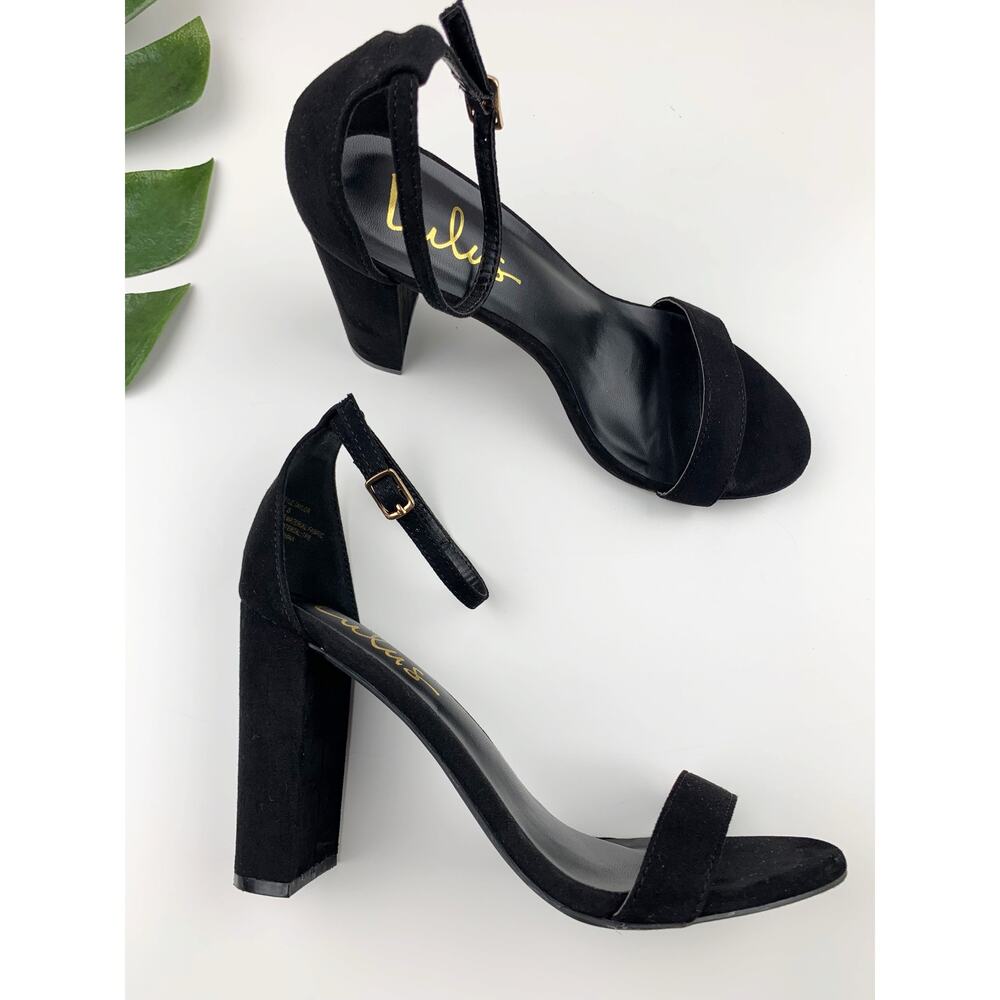 Lulus Taylor Dress Sandals Black Faux Suede Ankle Strap Block Heels Women's 8